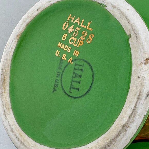 Vintage Hall Rhythm 6-Cup Teapot Emerald Green Gold Rose Mid-Century - Picture 8 of 9